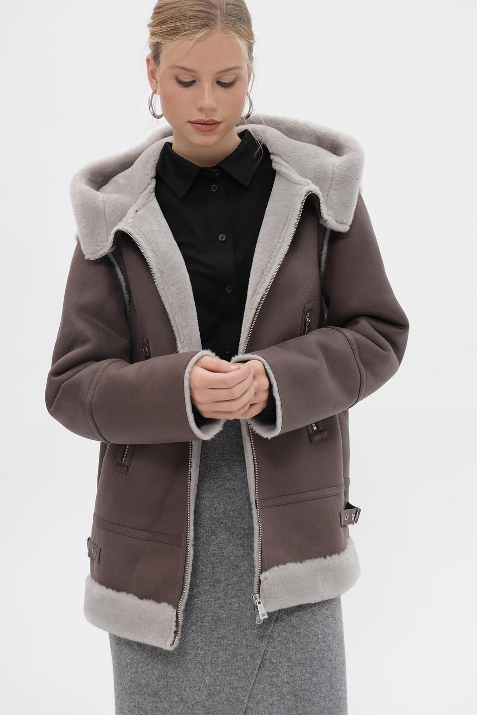 Дублёнка Electra style с капюшоном серая