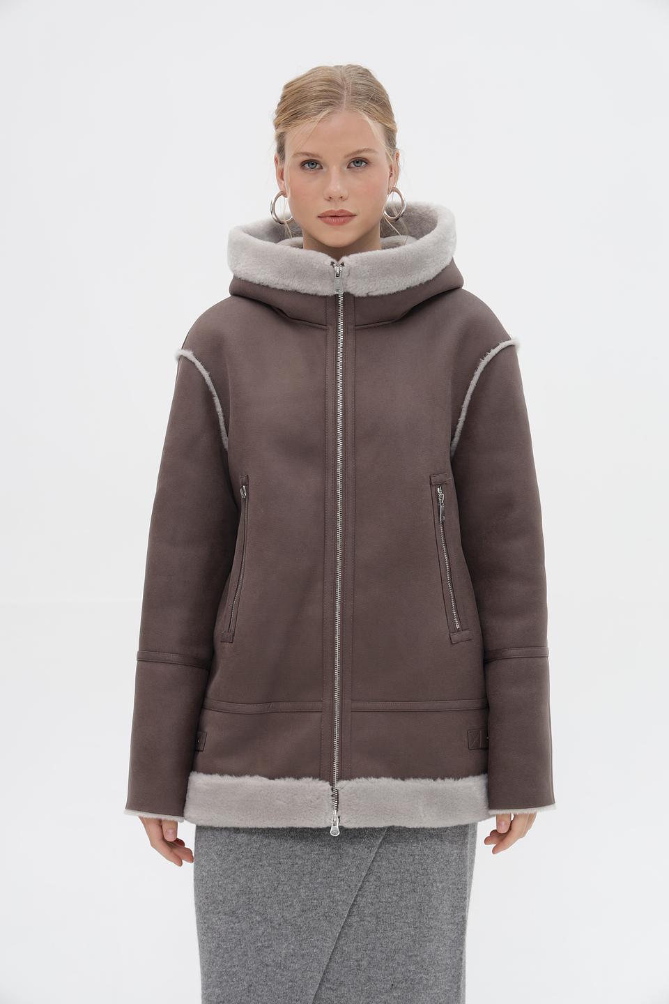 Дублёнка Electra style с капюшоном серая