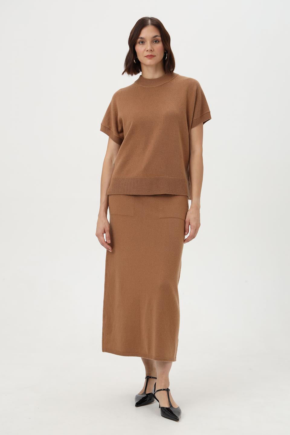 Пуловер Oui коричневый с коротким рукавом