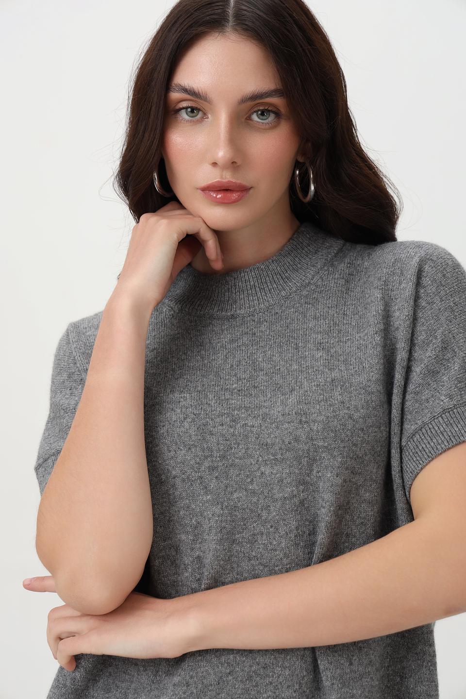 Пуловер Oui серый с коротким рукавом