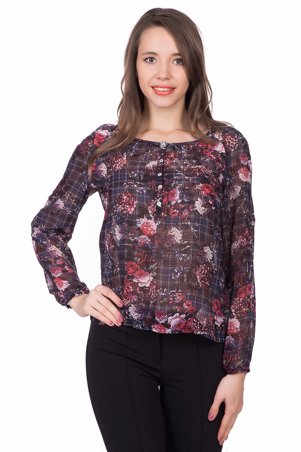 Блуза Taifun разноцветная с цветочным и клетчатым принтом, на пуговицах