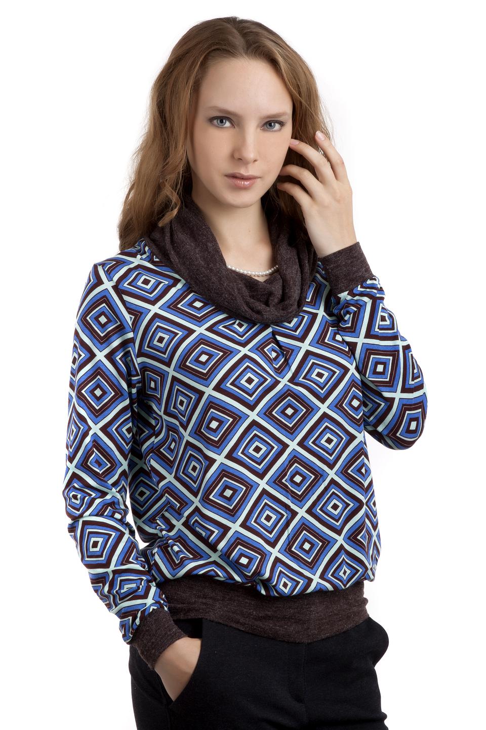 Блуза Pezzo сине-коричневая с геометрическим принтом и воротником-хомут