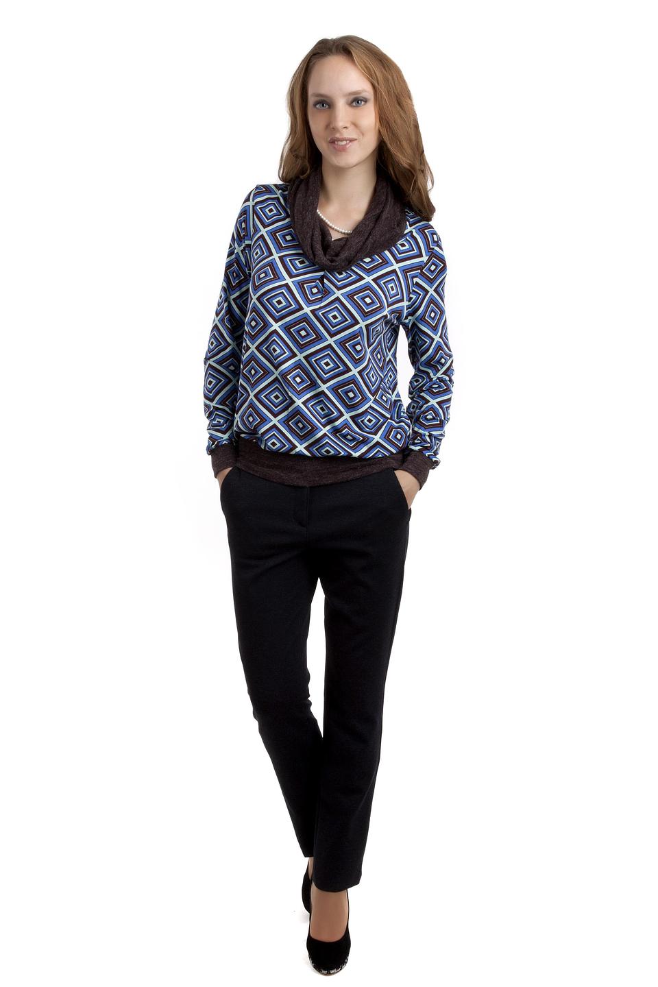Блуза Pezzo сине-коричневая с геометрическим принтом и воротником-хомут
