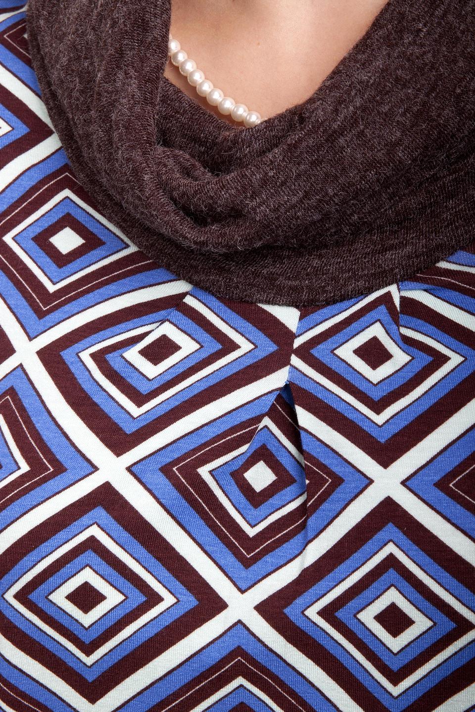 Блуза Pezzo сине-коричневая с геометрическим принтом и воротником-хомут