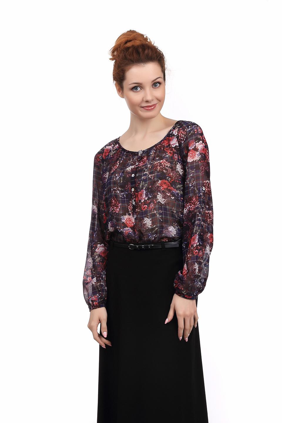 Блуза Taifun разноцветная с цветочным и клетчатым принтом, на пуговицах