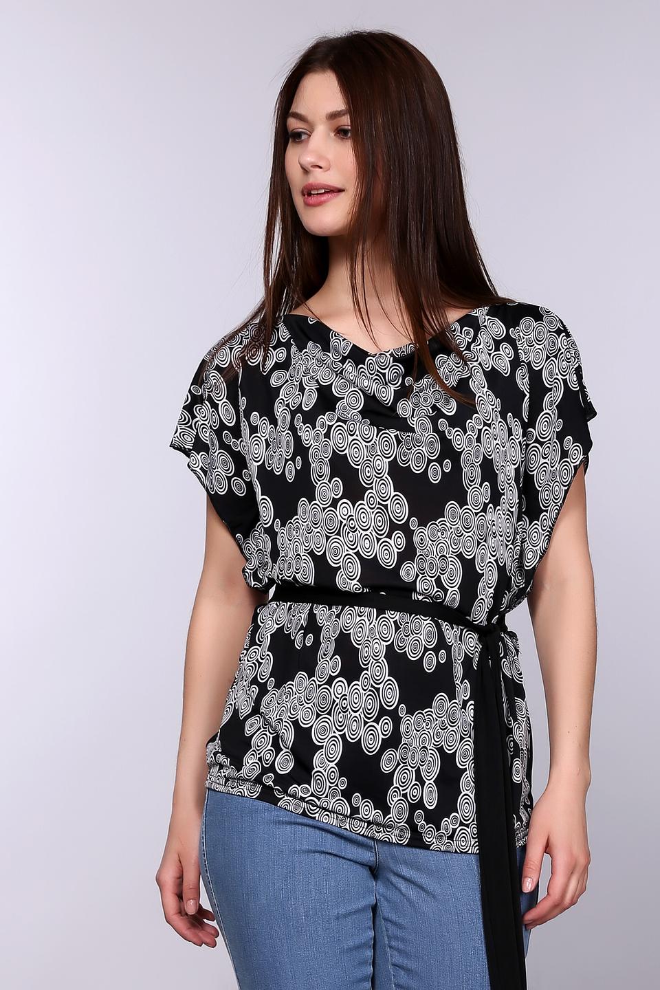 Блузка Pezzo, чёрная с принтом и поясом