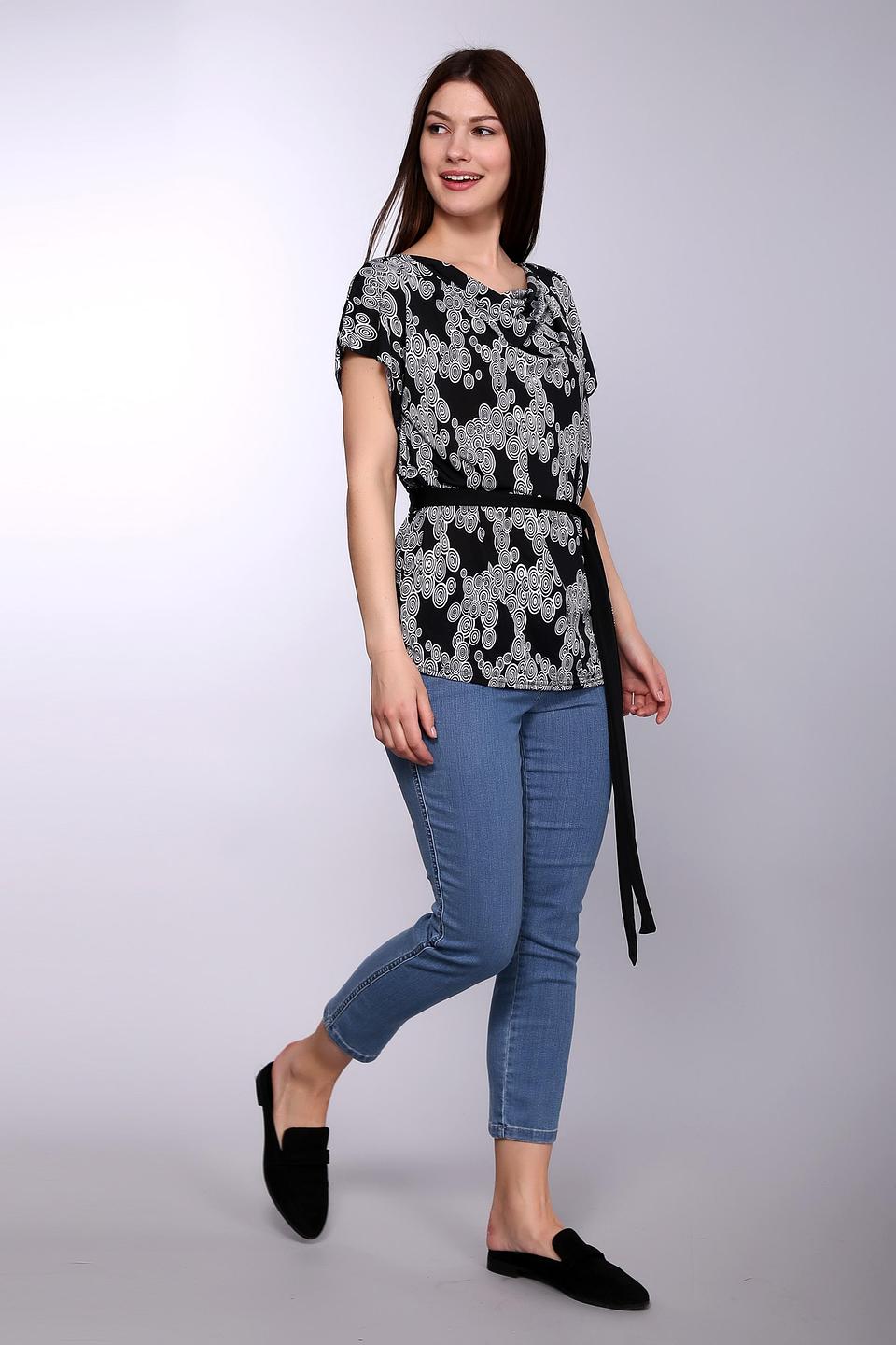 Блузка Pezzo, чёрная с принтом и поясом