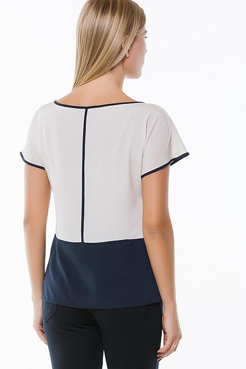 Блуза Remix двухцветная бежево-синяя с контрастной окантовкой