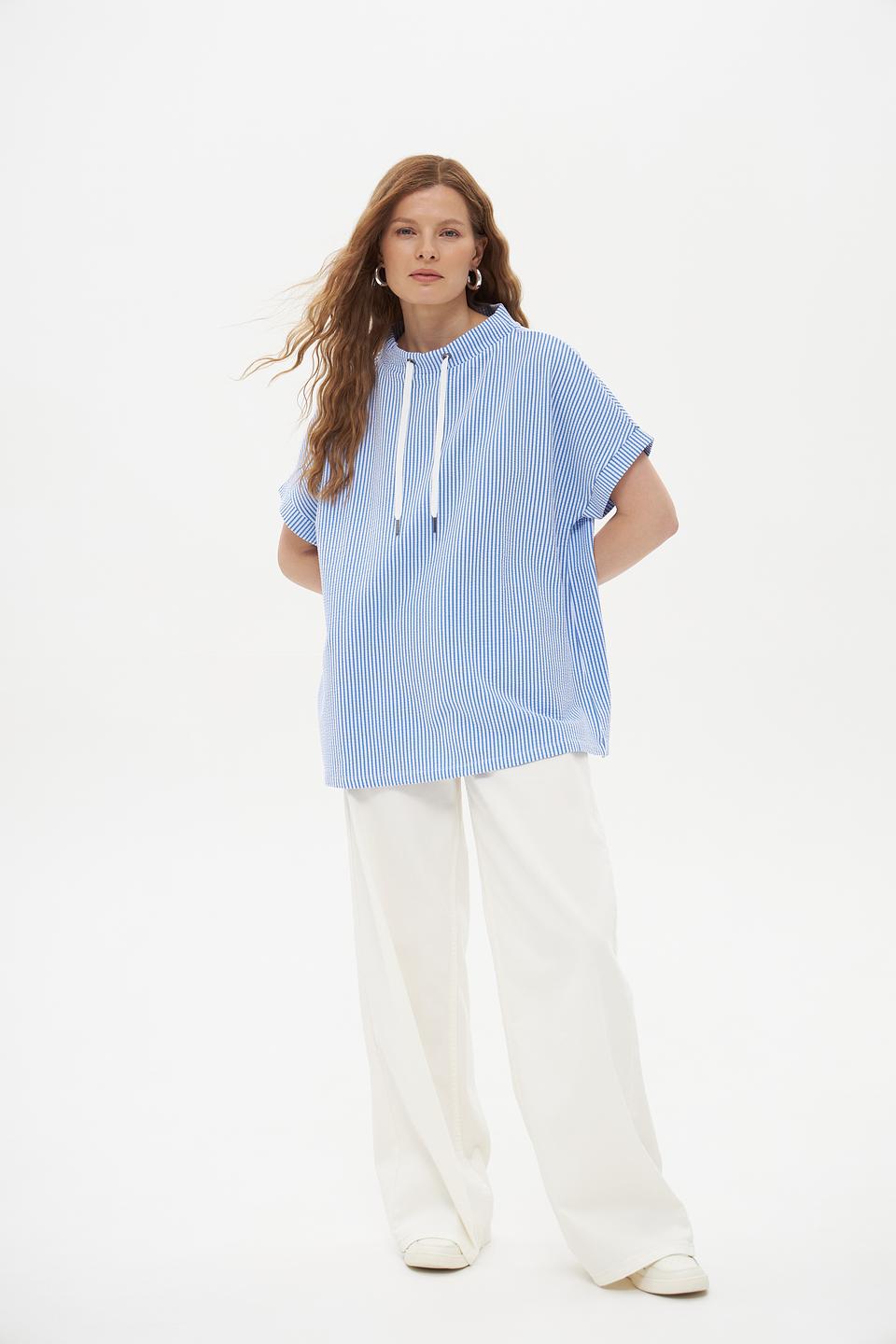Блуза Pezzo в полоску с кулиской голубая