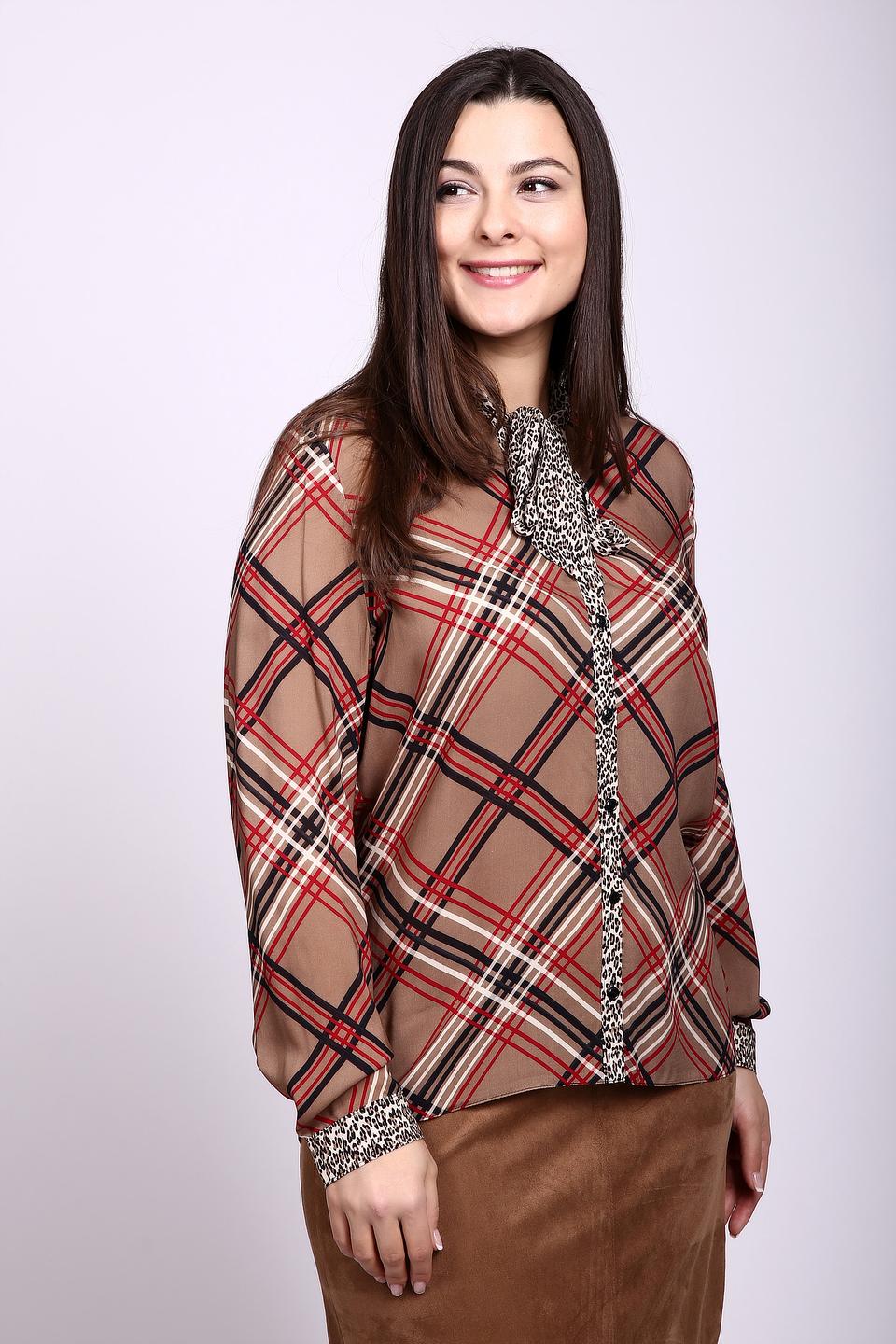 Блуза Lebek бежевая в клетку с леопардовой отделкой
