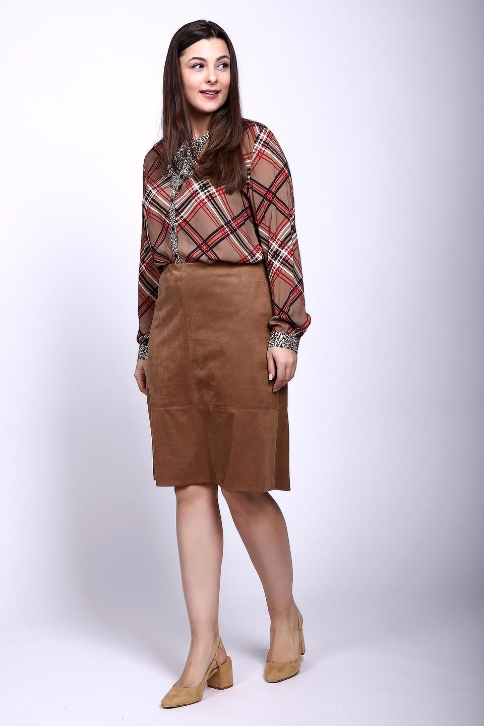 Блуза Lebek бежевая в клетку с леопардовой отделкой