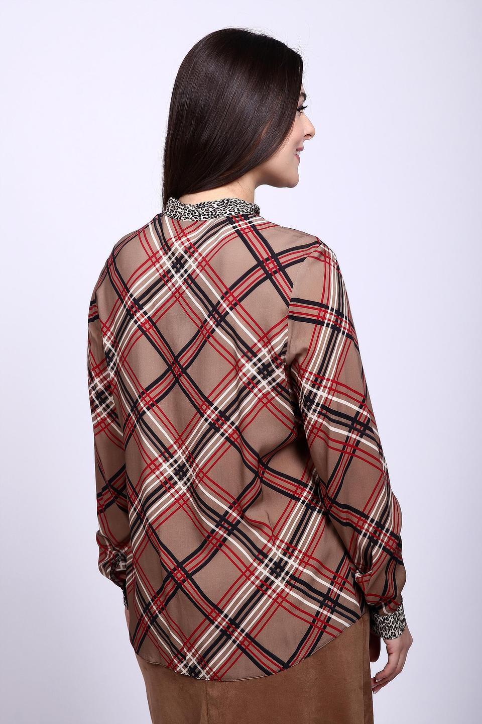Блуза Lebek бежевая в клетку с леопардовой отделкой