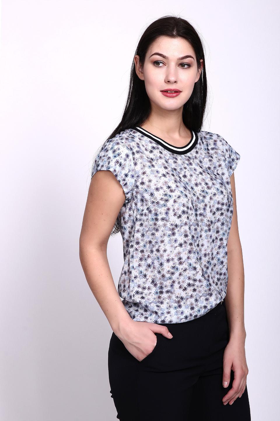 Блуза Pezzo белая с цветочным принтом и полосатым воротом